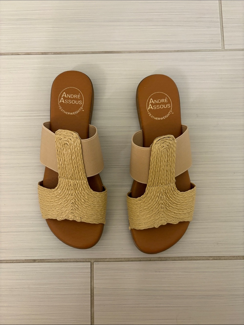 Andre Assous Tan Raffia Slide Sandals